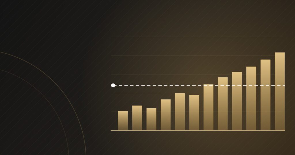 Gráfico de barras douradas crescentes com linha tracejada indicando a média, sobre fundo escuro