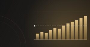 Gráfico de barras douradas crescentes com linha tracejada indicando a média, sobre fundo escuro